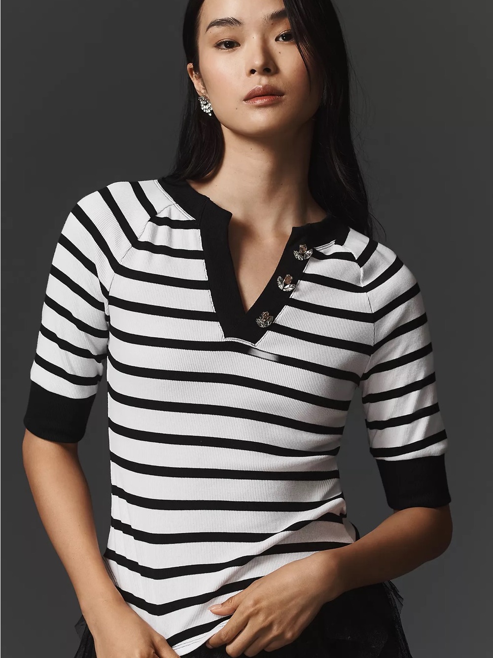 Anthropologie Maeve Half-Sleeve Henley Tee Embellished Broach Buttons Stripe M